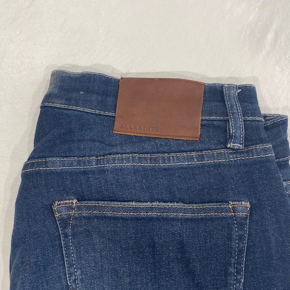 All Saints Men's Dark Blue Jeans with Brown Patch